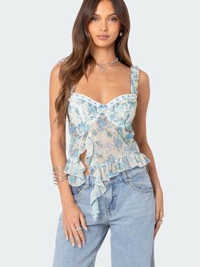 Edikted Blue Floral Cascade Ruffle Bra Top – Size S